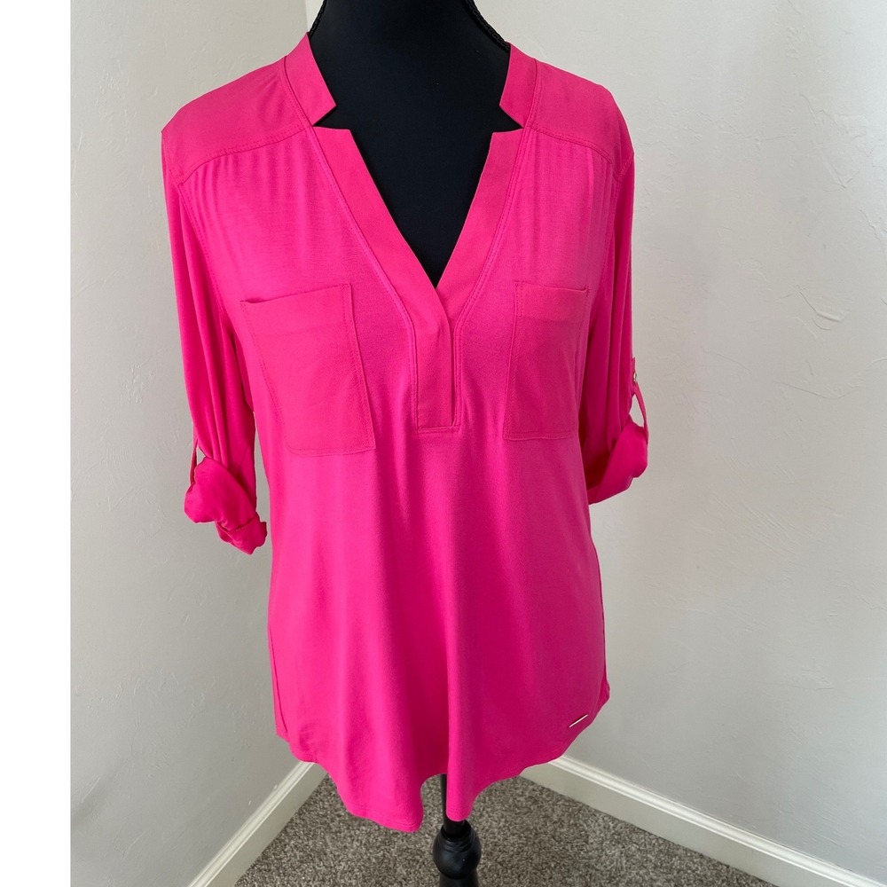 Calvin Klein Pink Roll Tab Sleeve Blouse Split Neck Utility Top Small NWT